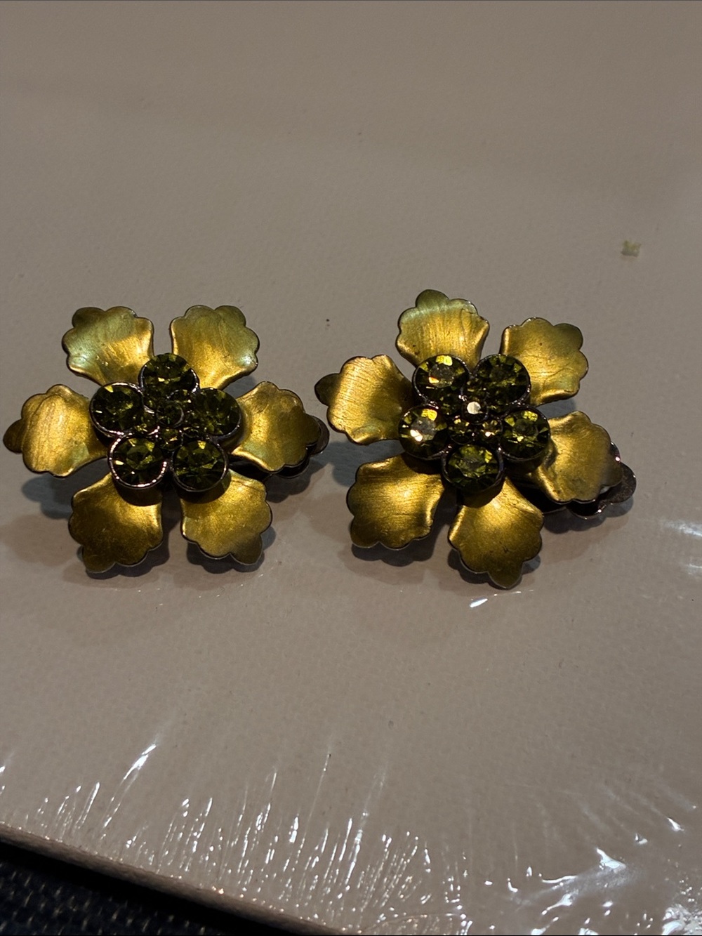 Gold Tone Floral Cluster Earrings with Olive Green Stones
